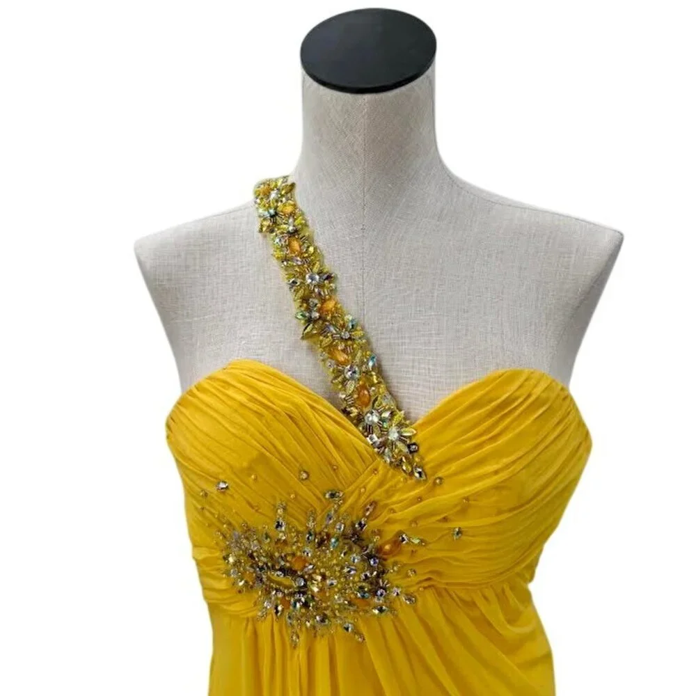 Sunshine Yellow Chiffon Draped Asymmetrical Strap Formal Gown - Picture 2 of 8